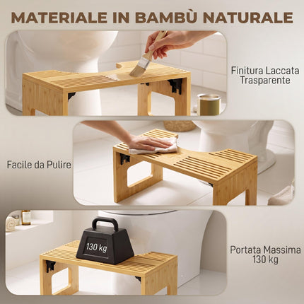HOMCOM Sgabello da Toilette Pieghevole in Bambù WC 42.5x25x20 cm Rovere