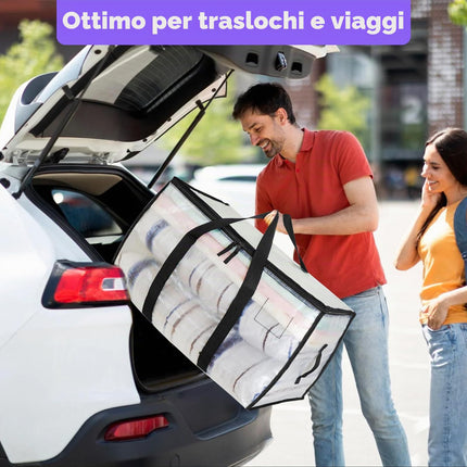 ZOVRIXIA 4 Pezzi 90L Grandi Borse per Trasloco, Trasparente Salvaspazio Scatoloni per Trasloco con Cinghie per Zaino Zip e Manici, Impermeabili Rinforzate Sacchi per Vestiti Piumoni Oggetti
