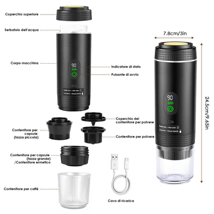 Dreamhigh® Macchina Caffè Portatile 7500mAh, Mini Macchina Espresso Portatile da Viaggio con USB Type-C & Display LED, Espresso 20 Bar per Capsule & Caffè Macinato, Ideale per Camping e Viaggi
