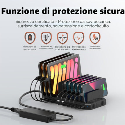 Alxum 10 Multipla Porte Stazione di Ricarica 60W con Carica Rapida QC3.0, Caricabatteria Multiplo USB Caricatore Multiplo Smartphone con divisori staccabili, Nero