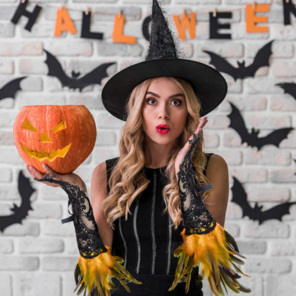 2 Pezzi Guanti di Pizzo di Piume, Guanti di Pizzo di Epoca, Guanti di Pizzo Senza Dita, Abbigliamento Gotico, Adatti per Carnevale, Halloween, Balli Studenteschi, Cosplay, Feste(Giallo Nero)