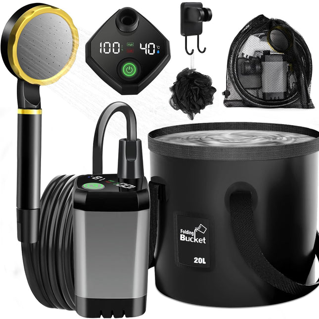 ITMNMNL Doccia da Campeggio,Ricaricabile 6000mAh Doccia Ricaricabile Portatile,Doccia Portatile,Doccia Campeggio con Display Digitale a LED e Secchio Pieghevole,per All'aperto,Campeggio,Spiaggia