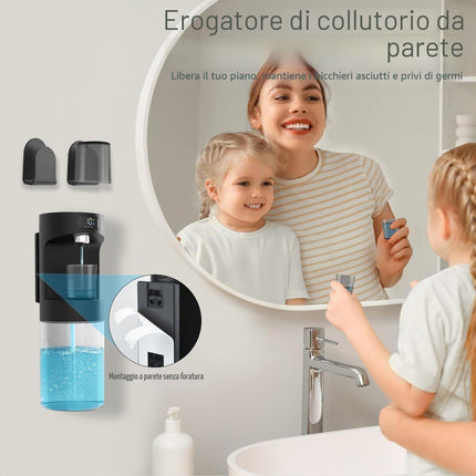 Dalugo Dispenser Automatico per Collutorio, 600ml Fissaggio a Parete, 2 Bicchieri Magnetici, Nero, Elettrico, Per Bambini e Adulti, Bagno