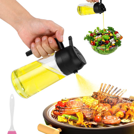 Spruzzatore 2 in 1,Spray Olio Cucina,470 ml Dispenser per Olio e Aceto,Spruzzatore Dispenser per Olio 2 in 1,Bottiglia Spray per Olio in Vetro con Pennello per Domestico,Grigliate,Cucina(Nero)