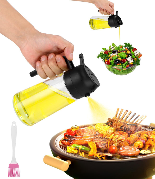 Spruzzatore 2 in 1,Spray Olio Cucina,470 ml Dispenser per Olio e Aceto,Spruzzatore Dispenser per Olio 2 in 1,Bottiglia Spray per Olio in Vetro con Pennello per Domestico,Grigliate,Cucina(Nero)