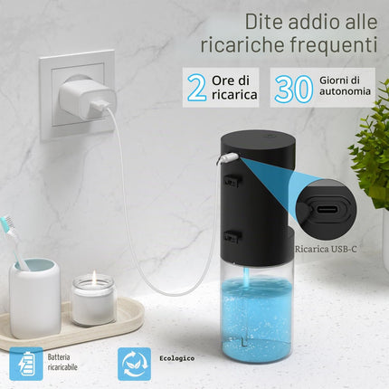 Dalugo Dispenser Automatico per Collutorio, 600ml Fissaggio a Parete, 2 Bicchieri Magnetici, Nero, Elettrico, Per Bambini e Adulti, Bagno