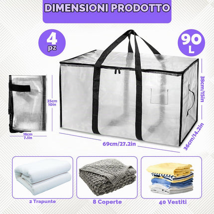 ZOVRIXIA 4 Pezzi 90L Grandi Borse per Trasloco, Trasparente Salvaspazio Scatoloni per Trasloco con Cinghie per Zaino Zip e Manici, Impermeabili Rinforzate Sacchi per Vestiti Piumoni Oggetti