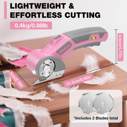 SHALL Forbici elettriche senza fili 4V con blocco di sicurezza, luce LED e lama di ricambio – Taglierina rotante ricaricabile per tessuto, pelle, moquette, cartone e plastica