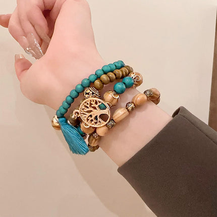 DHSBGWSX 8 bracciali di perle in legno, stile etnico bohémien, con ciondolo a nappa, regalo per gioielli, braccialetto elastico con perle di legno, Taglia unica