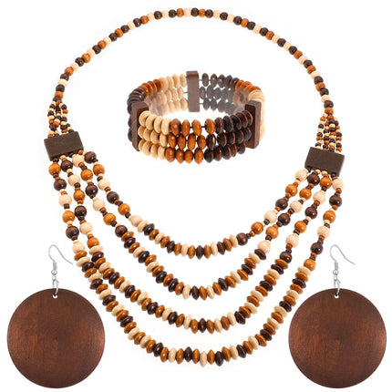 Set di 3 gioielli da donna con perline in legno di Boemia, multistrato, collana, orecchini, braccialetto, etnico, tribale, idea regalo, 1, Acciaio inossidabile, No