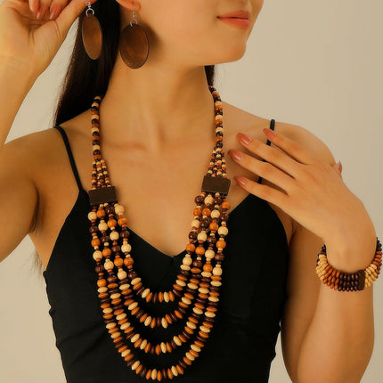 Set di 3 gioielli da donna con perline in legno di Boemia, multistrato, collana, orecchini, braccialetto, etnico, tribale, idea regalo, 1, Acciaio inossidabile, No