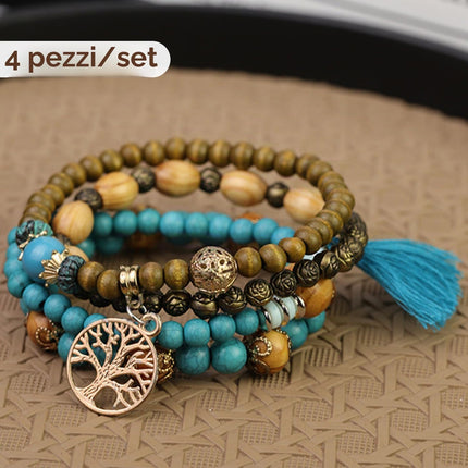 DHSBGWSX 8 bracciali di perle in legno, stile etnico bohémien, con ciondolo a nappa, regalo per gioielli, braccialetto elastico con perle di legno, Taglia unica