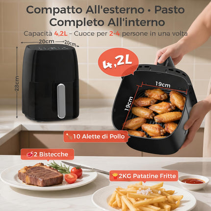 Friggitrice ad Aria 4,2L per 1-4 Persone, Airfryer 1500W 6 in 1, Flusso d'Aria Rapido, Display LED Touch, Temperatura e Timer Regolabili, Cestello Antiaderente Lavabile in Lavastoviglie, Senza Olio
