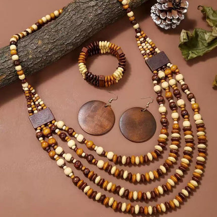 Set di 3 gioielli da donna con perline in legno di Boemia, multistrato, collana, orecchini, braccialetto, etnico, tribale, idea regalo, 1, Acciaio inossidabile, No