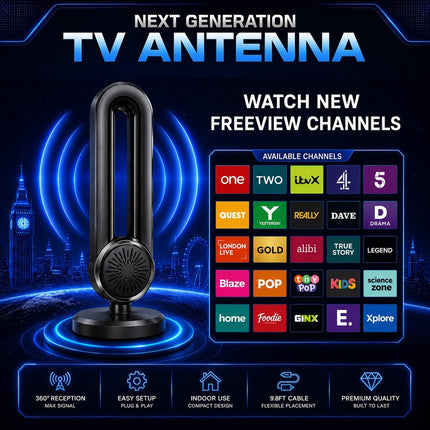 Antenna TV per interni, 2026 TV digitale Ariels da interni, a lungo raggio di oltre 350 miglia, con amplificatore di segnale per Freeview, antenna TV digitale amplificata 4K 1080P HD con cavo lungo