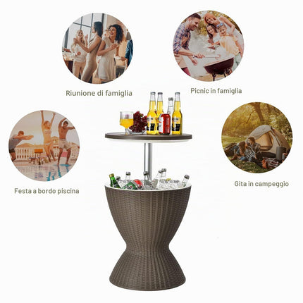 RELAX4LIFE 3-in-1 Tavolino Bar da Esterno/Tavolo Frigo/Secchiello Portaghiaccio 30L, Altezza Regolabile 57,5/82cm, Effetto Rattan PP resistente UV, per Esterno Giardino Piscina Campeggio (Marrone)