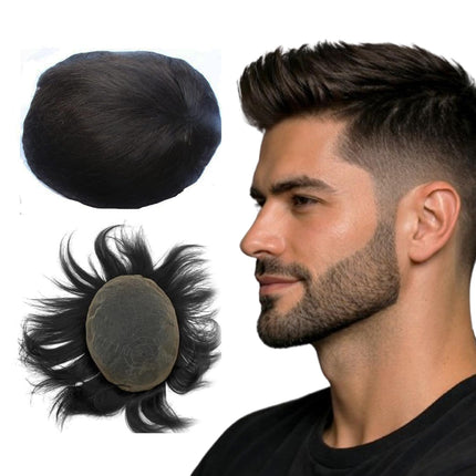 NLW Toupet da uomo in capelli veri, 100% naturale sistema di sostituzione dei capelli umani densità media, traspirante francese pizzo parrucca pezzo 8 * 10 pollici (#1B Natural Black)