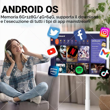 TV Intelligente Portatile FHD 2ª Generazione, Android 12, TV-Tablet Rotolante su Ruote, Batteria 6000mAh Integrata, Rotazione Completa – per Cinema Casa & Presentazioni Ufficio 21.5-4/64G