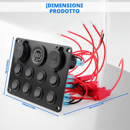 Geloo Pannello Interruttori a Bilanciere 12V/24V Impermeabile Levetta 8 Interruttore con Voltmetro Digitale Accendisigari Doppio Caricatore USB da 4,2 A per Barca, Auto, RV, Camper