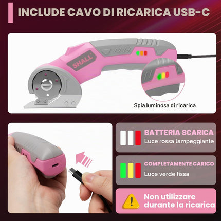SHALL Forbici elettriche senza fili 4V con blocco di sicurezza, luce LED e lama di ricambio – Taglierina rotante ricaricabile per tessuto, pelle, moquette, cartone e plastica