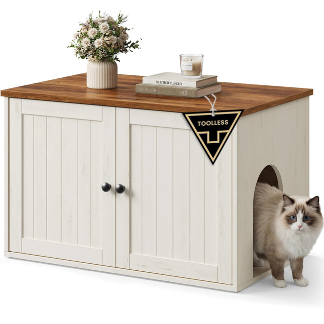 SONGMICS HOME Mobiletto Lettiera per Gatti, Montaggio Rapido Senza Attrezzi Toolless, Mobile Copri-Lettiera, Ante a Pressione, Casetta per Gatti, Bianco Vintage e Marrone Miele PCL233WJ05
