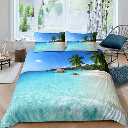 Homewish Set di biancheria da letto con copripiumino e 2 federe per letto matrimoniale con motivo oceano, ideale come decorazione per la spiaggia, ideale per le vacanze hawaiane, con palme tropicali,