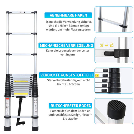 Scala telescopica in alluminio con gancio rimovibile 2,6 m, allungabile, in alluminio, antiscivolo, portata 150 kg, colore silver