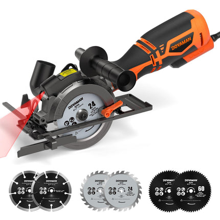 Sega Circolare per Legno, 710W 115mm Mini Sega Circolare, Maniglia Aggiuntiva, 3500RPM con Laser, 6 Lame, Profondità di Taglio 29-43MM, per Legno, Piastrelle, Metallo Morbido, Plastica