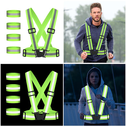 URAQT Gilet Catarifrangente e Bande Catarifrangenti, 2PCs Gilet Riflettente Corsa Alta visibilità e 4PCs Fasce Riflettenti, Regolabile Elastico Bande Riflettenti per Bici Jogging Ciclismo Sport
