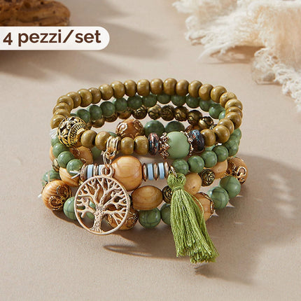 DHSBGWSX 8 bracciali di perle in legno, stile etnico bohémien, con ciondolo a nappa, regalo per gioielli, braccialetto elastico con perle di legno, Taglia unica