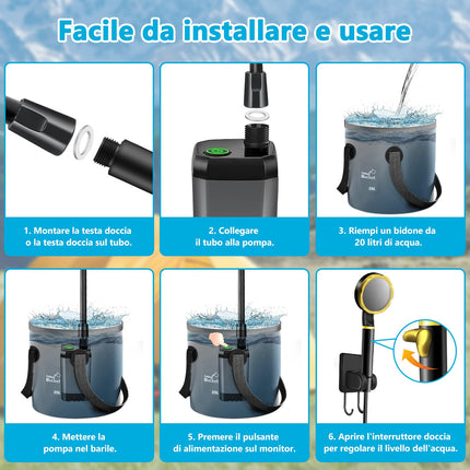 ITMNMNL Doccia da Campeggio,Ricaricabile 6000mAh Doccia Ricaricabile Portatile,Doccia Portatile,Doccia Campeggio con Display Digitale a LED e Secchio Pieghevole,per All'aperto,Campeggio,Spiaggia