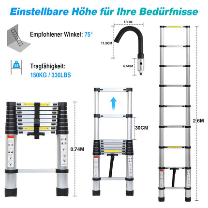 Scala telescopica in alluminio con gancio rimovibile 2,6 m, allungabile, in alluminio, antiscivolo, portata 150 kg, colore silver