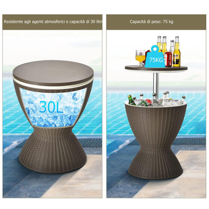 RELAX4LIFE 3-in-1 Tavolino Bar da Esterno/Tavolo Frigo/Secchiello Portaghiaccio 30L, Altezza Regolabile 57,5/82cm, Effetto Rattan PP resistente UV, per Esterno Giardino Piscina Campeggio (Marrone)