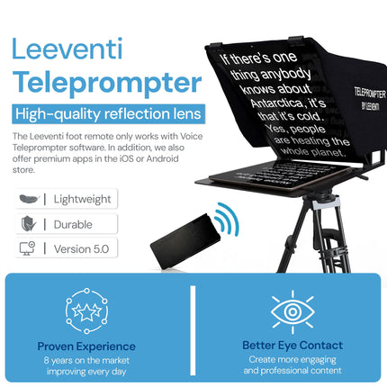 Leeventi Teleprompter Compatibile con Ipad, Tablet, Smartphone e Fotocamera Dslr, Controllo con Telecomando o App, Compatibile con Android e iOS, Ideale per Registrazioni Video (Version 5.0)