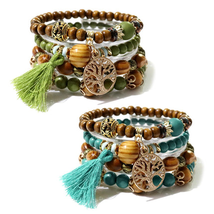 DHSBGWSX 8 bracciali di perle in legno, stile etnico bohémien, con ciondolo a nappa, regalo per gioielli, braccialetto elastico con perle di legno, Taglia unica