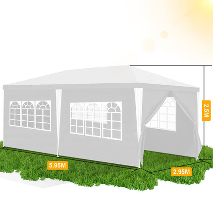 Gazebo Plastica impermeabile da giardino con 6 pannelli laterali, tenda da campeggio per giardino, protezione solare, tenda per feste, bancarelle, festival, colore bianco, 3 x 6 m