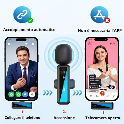 Microfono Lavalier Wireless per iPhone Android iPad, mini microfono, microfono wireless per la registrazione video, streaming, Podcast, Vlogging, Youtube, Tiktok,Trasmissioni dal Vivo, Interviste