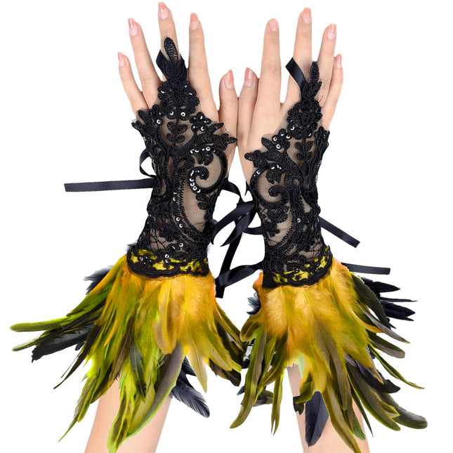 2 Pezzi Guanti di Pizzo di Piume, Guanti di Pizzo di Epoca, Guanti di Pizzo Senza Dita, Abbigliamento Gotico, Adatti per Carnevale, Halloween, Balli Studenteschi, Cosplay, Feste(Giallo Nero)