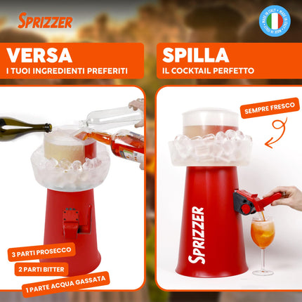 Sprizzer - Sprizzer Machine per lo Spritz, Dispenser con Miscelatore per Aperitivo e Aperol Spritz, Contenitore per Ghiaccio, 3L, Erogatore Manuale senza Elettricità o Batterie, Rosso, Made in Italy