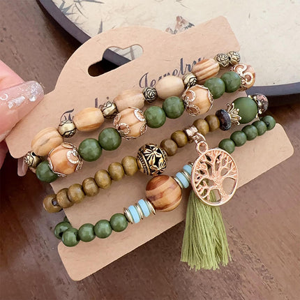 DHSBGWSX 8 bracciali di perle in legno, stile etnico bohémien, con ciondolo a nappa, regalo per gioielli, braccialetto elastico con perle di legno, Taglia unica