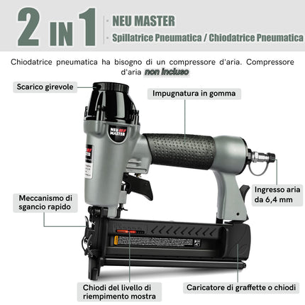 Chiodatrice Pneumatica, 2 in 1 Sparachiodi Aria Pneumatica con 800 Chiodi e 200 Graffette,Graffettatrice Pneumatica con Occhiali di Protezione e Custodia in Plastica Portatile
