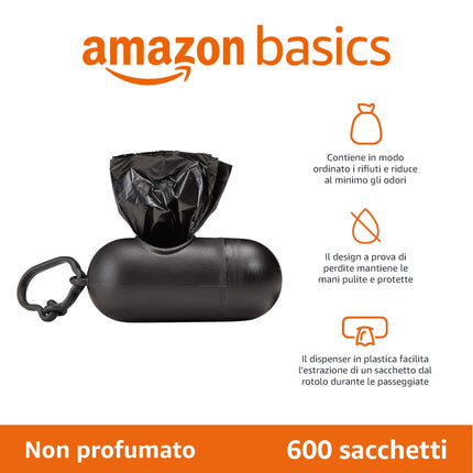 Amazon Basics Sacchetti igienici per cani con dispenser e clip per guinzaglio, inodori, 600 pezzi (40 confezioni da 15 sacchetti)