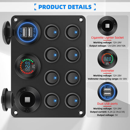 Geloo Pannello Interruttori a Bilanciere 12V/24V Impermeabile Levetta 8 Interruttore con Voltmetro Digitale Accendisigari Doppio Caricatore USB da 4,2 A per Barca, Auto, RV, Camper