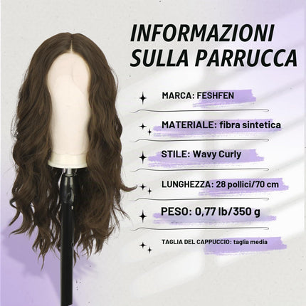 FESHFEN Parrucca Lace Front Parrucche Sintetiche senza colla Lunghe Ondulate con HD Lace per Donne, Castano con Riflessi 70 cm