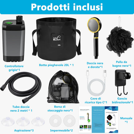 ITMNMNL Doccia da Campeggio,Ricaricabile 6000mAh Doccia Ricaricabile Portatile,Doccia Portatile,Doccia Campeggio con Display Digitale a LED e Secchio Pieghevole,per All'aperto,Campeggio,Spiaggia