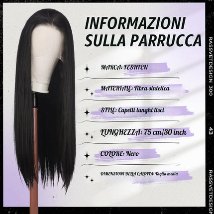 FESHFEN Parrucca 13x4 Lace Front - Parrucche Capelli Nero Lisci per Donne Dritto Naturali Sintetico Parrucca di Capelli per Partito Quotidiano, 75 cm