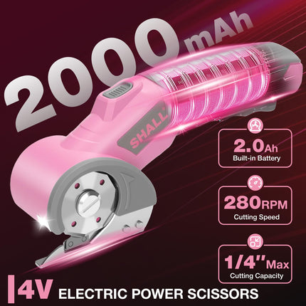 SHALL Forbici elettriche senza fili 4V con blocco di sicurezza, luce LED e lama di ricambio – Taglierina rotante ricaricabile per tessuto, pelle, moquette, cartone e plastica