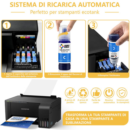 SUPERSUBINK inchiostro per sublimazione Stampante et 1810 2810 ET-2850 2830 2815 4810 Compatibile EcoTank (Riempimento automatico/Senza ICC/Anti-UV)