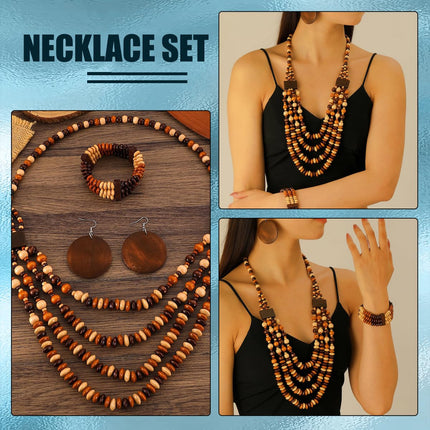 Set di 3 gioielli da donna con perline in legno di Boemia, multistrato, collana, orecchini, braccialetto, etnico, tribale, idea regalo, 1, Acciaio inossidabile, No