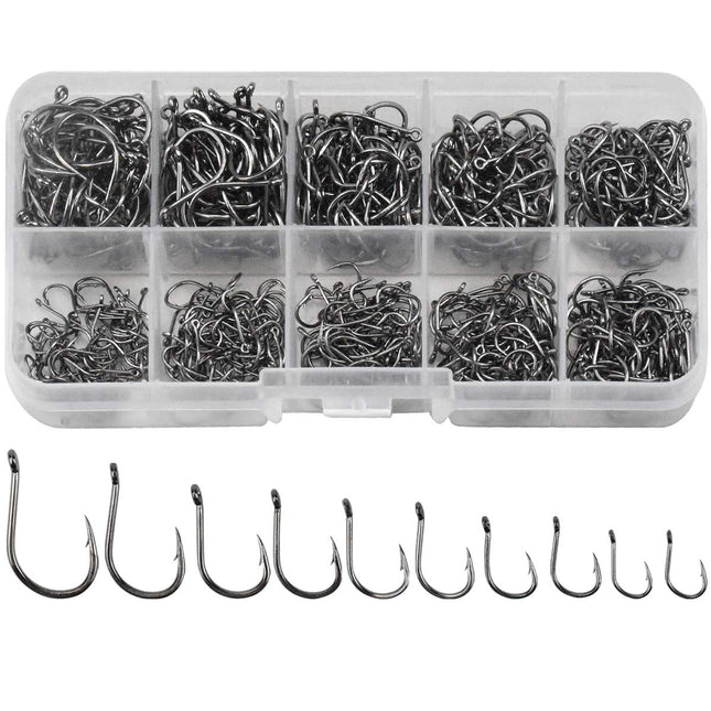 Amo da Pesca, 600 Pz Ami da Pesca in 10 Dimensioni, Amo da Pesca Occhiello, Ganci Spinato, Ami da Pesca in Acciaio al Carbonio con Scatola di Plastica, 3# - 12#